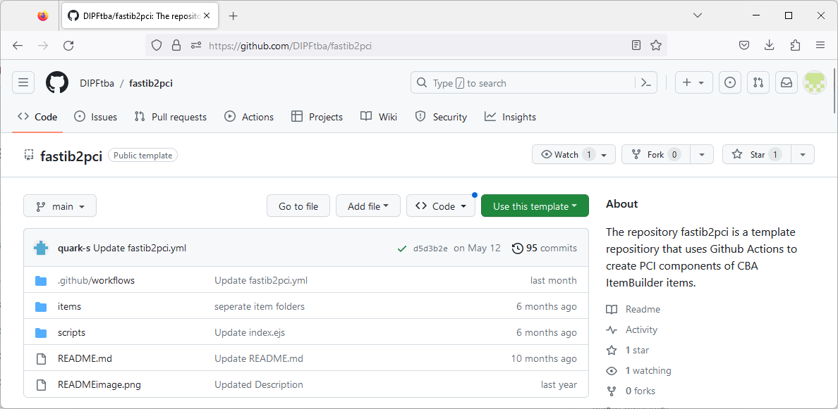 Repository fastib2pci shows the button Use this template after log-in to github.com.