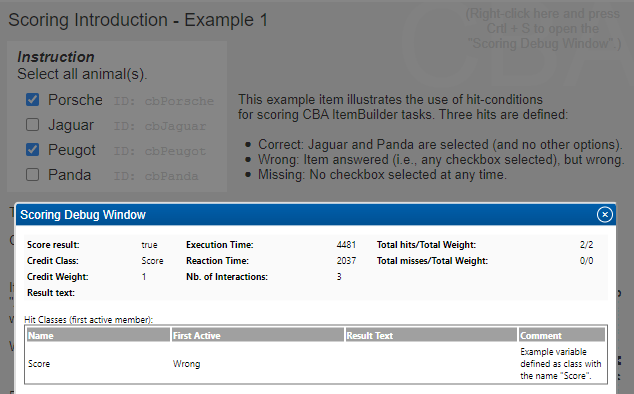 Screenshot of the Scoring Debug Window in a preview of the item shown in Figure 5.2.