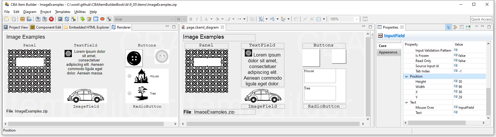 Rendering (left) and Page Editor (middle) and Properties view showing item ImageExamples.zip (html|ib)