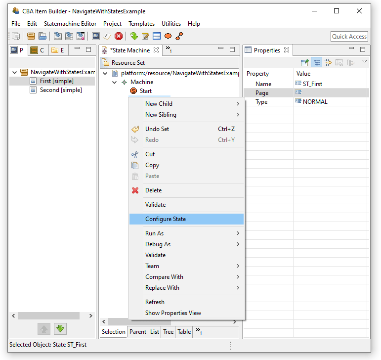 Context menu Configure State to assign a Page to a State.