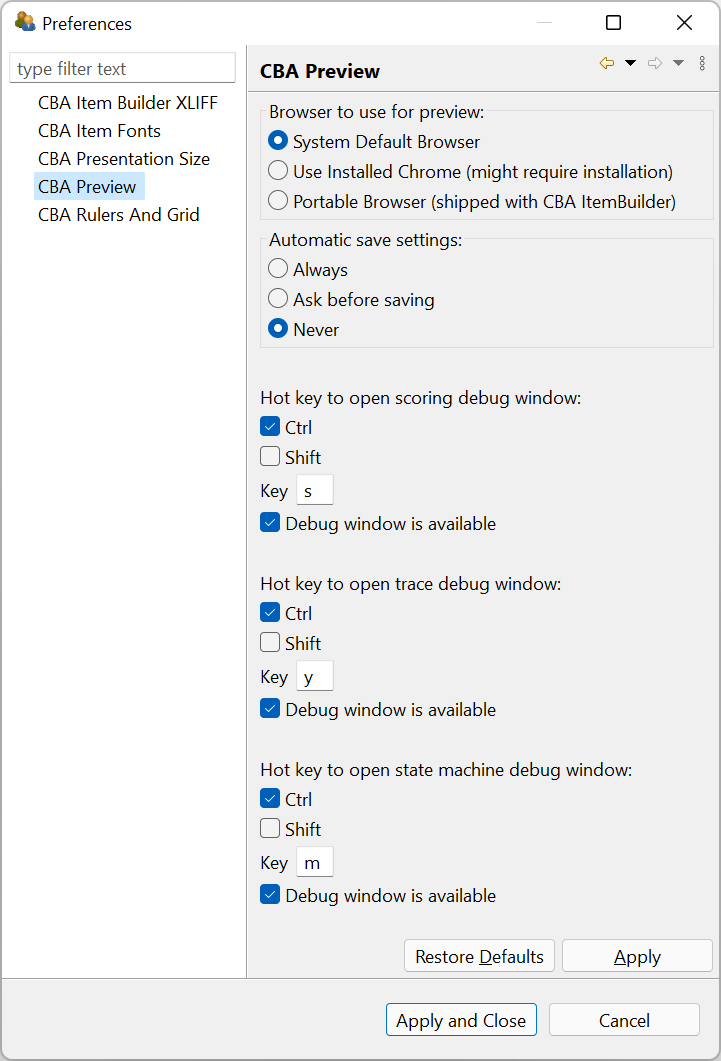 CBA ItemBuilder Preferences-Dialog.