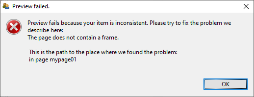 Message of a failed Preview because every Page requires a Frame.