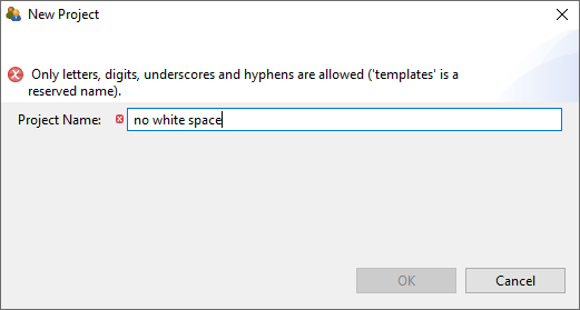 Warning about allowed characters for project names.