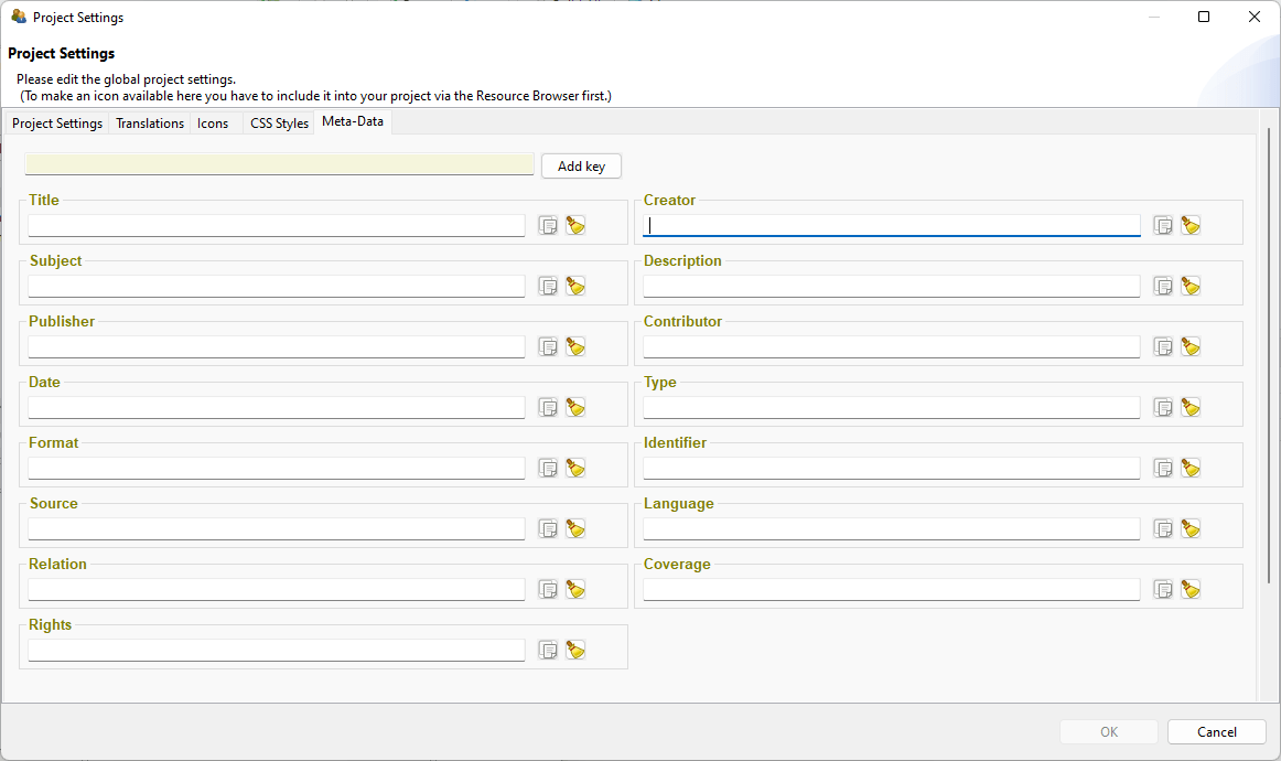 Tab Meta-Data in the Global Properties of CBA ItemBuilder Project Files.