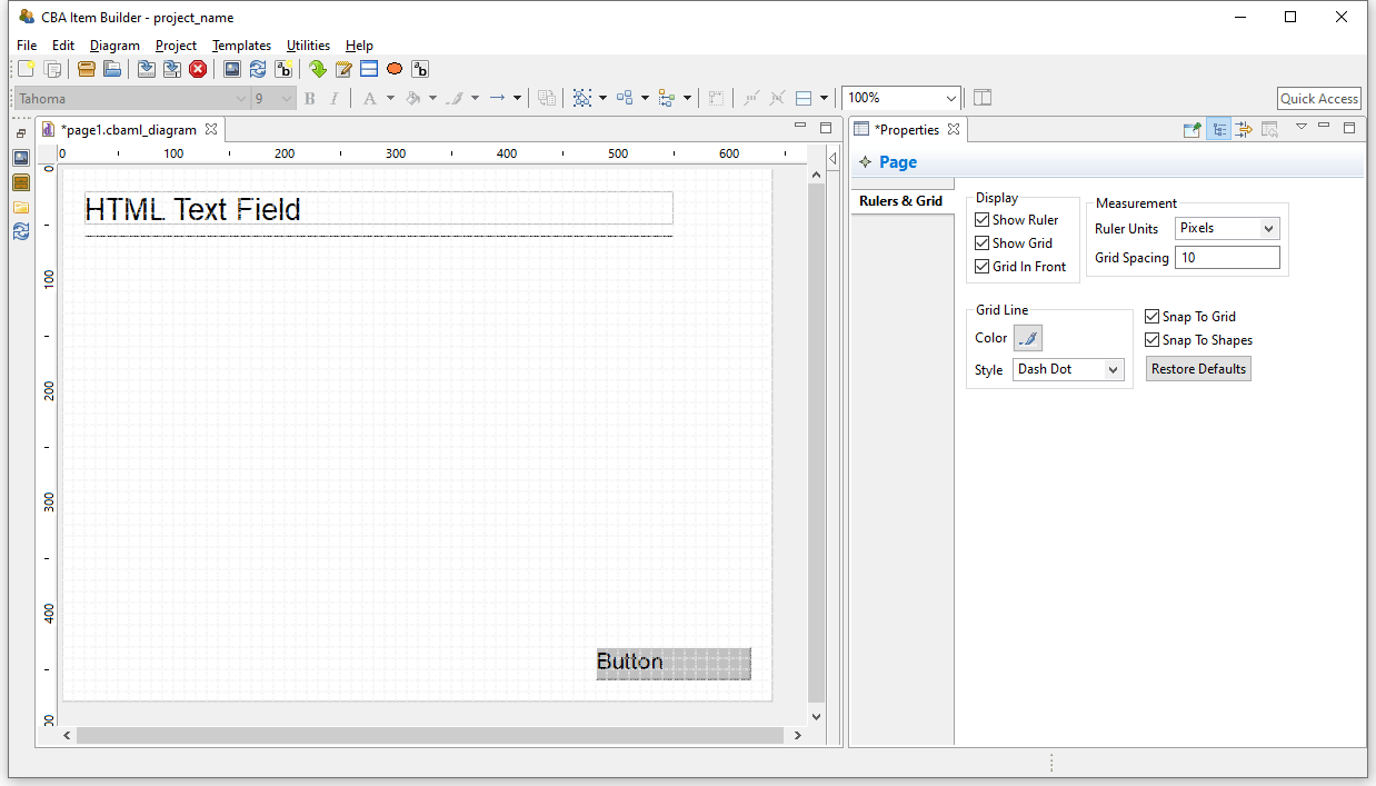 Properties view shows Rules & Grid if the Page is selected.