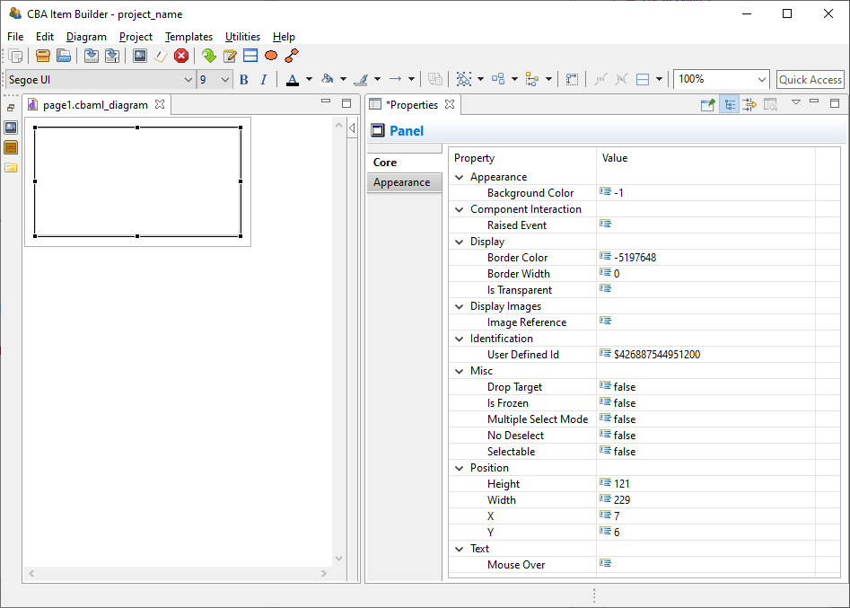 Properties view of a selected component of type Panel. 