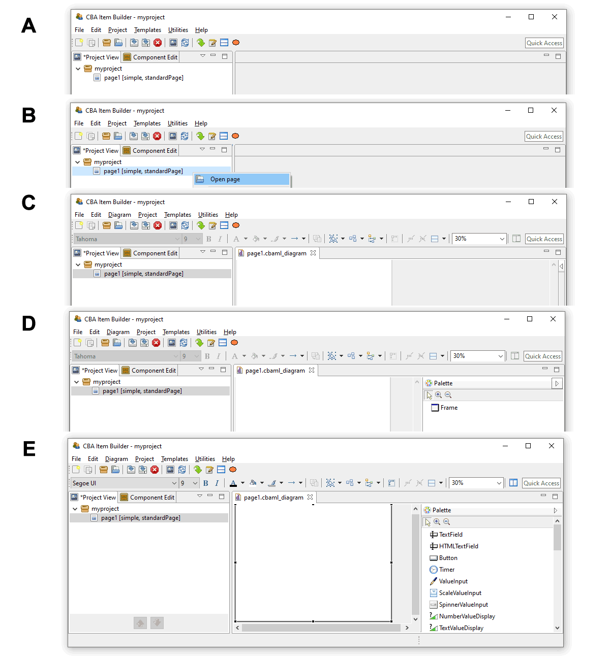 Five steps for opening a newly created page in the Page Editor and open the Palette.