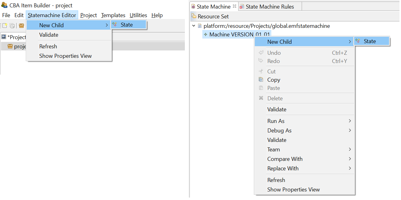 Main menu Statemachine Editor and context menu in the State Machine Tree View to define a state