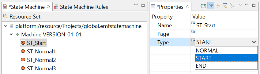 State Machine Tree View with four states and Properties view.