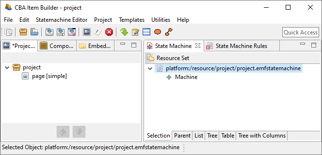 Empty State Machine Tree View of the CBA ItemBuilder.