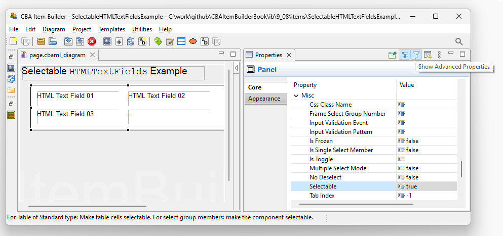 Advanced properties for Panels in the Properties-view to define Selectable: true.