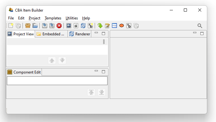 Main Menu, Toolbar and left area of the CBA ItemBuilder user interface (Project View, Embedded HTML Explorer, Renderer and below the Component Edit).